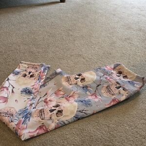 Evolution and Creation Floral Skull Leggings — Pink & Blue Accents
